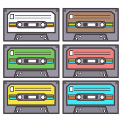 Colorful vector set of six eighties cassettes for tape recorder, isolated on white background