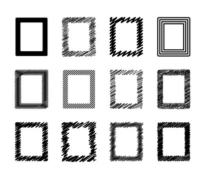Set of different drawn scribble rectangle frames grunge effect. For covers, flyers, cards,  decoration. Vector illustration.