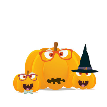 Vector illustration:Halloween pumpkins mascots isolated. Funny halloween pumpkin or squash characters faces.