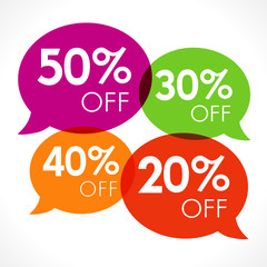 Special offer 20%, 30%, 40%, 50% sale colored speech bubble tag vector illustration. Discount offer price label, symbol advertising in retail, sale promo marketing, discount sticker on shopping day