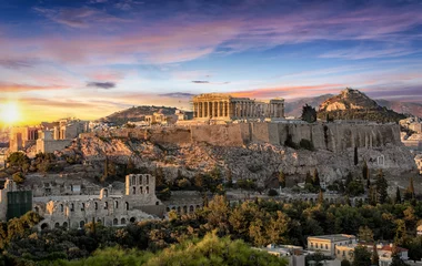 Foto op Plexiglas De Akropolis van Athene, Griekenland bij zonsondergang © moofushi