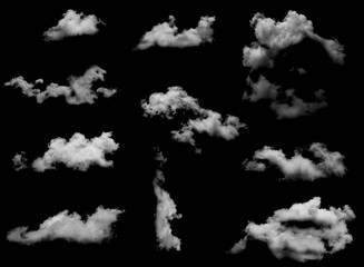 Set of white fluffy clouds isolated on black background for design overlay © Asawin