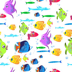 Fishes seamless pattern. Cute cartoon aquarium fish animals background for kids vector illustration print