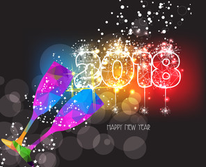 New Years 2018 polygonal colorful triangle glass and fireworks background
