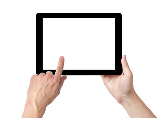 adult man hands using tablet pc with white screen