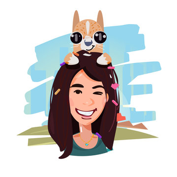 smile female with her dog on head. pet and owner concept - vector illustration