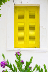 old yellow painted wooden window shutter