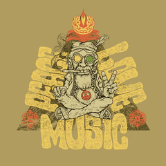 Retro design of Peace, Love and Music  for poster or t-shirt print with old hippie smokes marijuana and shows the peace symbol and hand-written fonts.