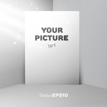 Large empty poster (billboard) mockup (template) stand on the wall in the room corner with sun light effect