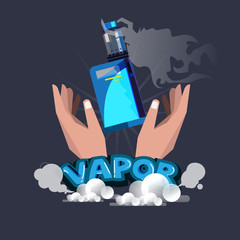 Hand with Vapor. E-cigarette. typographic design - vector illustration