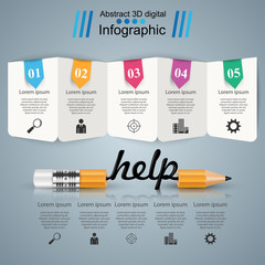3D infographic design template and marketing icons. Pencil icon.