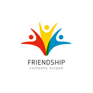 Friendship colored logo united person icon. Trendy flat style colorful buddies vector symbol, group of friends jumping in joy, having fun isolated on white background