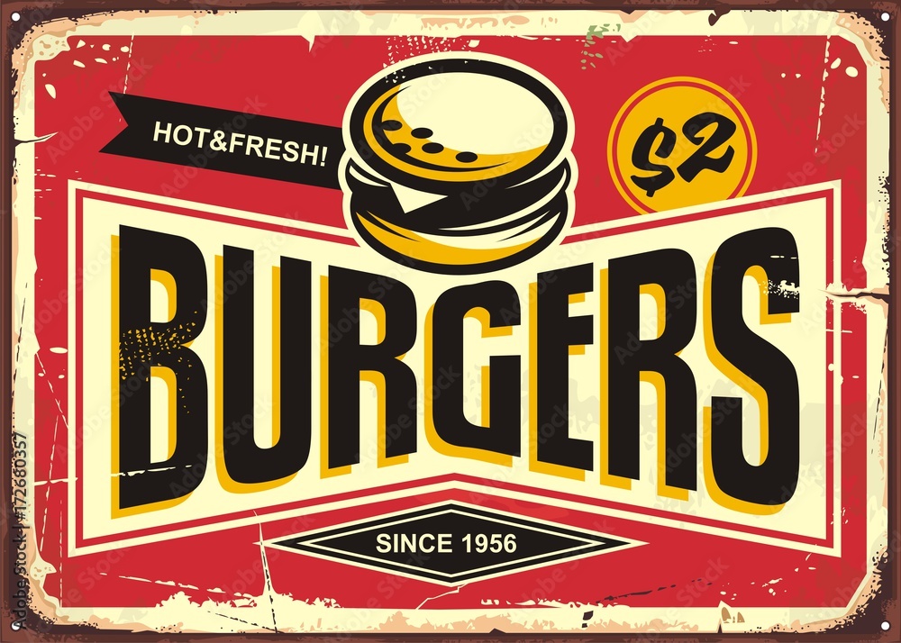 Wall mural burgers vintage tin sign with creative typo and burger icon. fast food restaurant promotional retro 