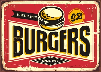 Verduisterende gordijnen Retro compositie Burgers vintage tin sign with creative typo and burger icon. Fast food restaurant promotional retro sign board.