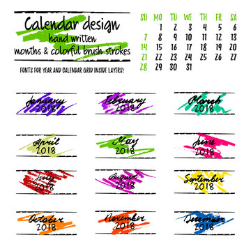 Calendar design by months with colorful hand drawn elements and hand written lettering on white background. Vector illustration