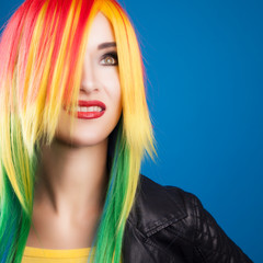 beautiful woman wearing color wig