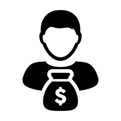 Person Icon Vector With Money Bag Dollar Man Symbol for Banking and Financial Advisor Profile Avatar in Glyph Pictogram illustration