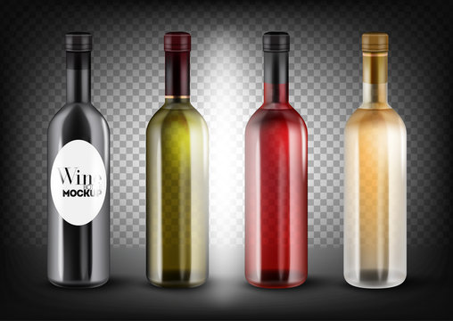Different colors wine bottles set. Black, transparent - green, red (pink, rose) and white bottles. Vector illustration, customisable and easy to change colors