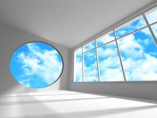 Empty white room interior with windows to sky