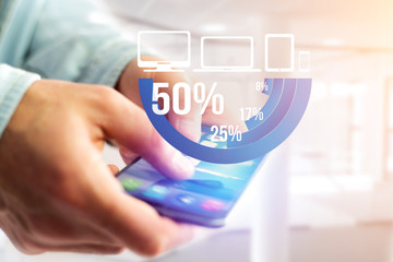 Blue survey graph interface with business theme going out a smartphone - Technology concept