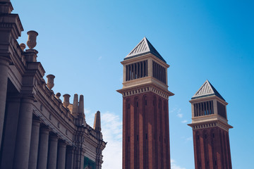 View of details of the towers in  Barcelona, Spain. Plaza de Espana. - obrazy, fototapety, plakaty