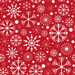 Seamless pattern with snowflakes on red background. Vector illustration.