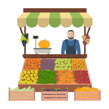 Seller of vegetables and fruits on the market. There is a counter, scales and goods: cucumbers, onions, carrots, pumpkin, eggplant, zucchini, apples, plums, grapes and cherries in the image. Vector