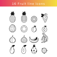 Fruit line icons set black and white. Pineapple, grapes, cocos, apricot, fig, banana, plum and dragon fruit,