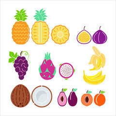 Color  fruit icon set vector. Pineapple fig grape dragon fruit banana cocos plum apricot, isolated on white background