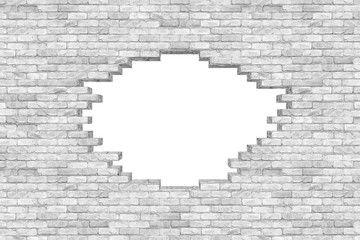 hole in white brickwall brick stone wall texture isolated white background / Loch in ziegelmauer weiß Textur hintergrund isoliert