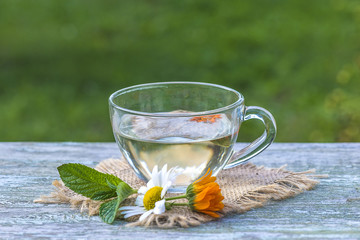 herbal tea concept/cup of hot water and chamomile and calendula flowers