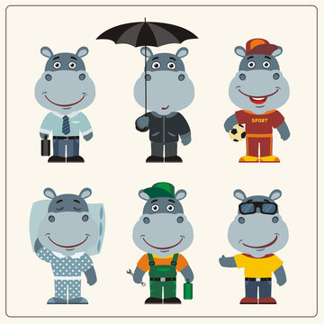 Set funny Hippo in different clothing: sportsman, worker, manager, summer, autumn, sleepwear. Collection isolated hippopotamus in clothing in cartoon style.