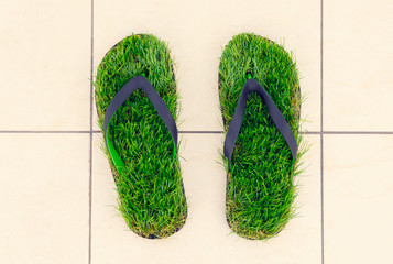 Footprint with green artifitial grass
