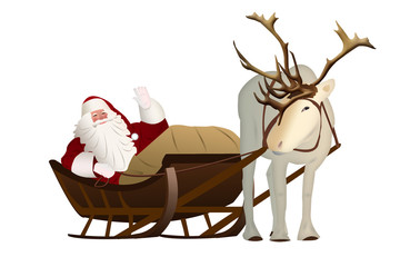 Santa Claus in a sleigh pulled by reindeer on a white background