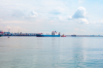 Cargo container ships waiting to enter the port of Mersin