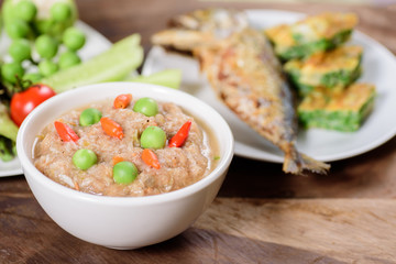 Thai food (Nam Prik Kapi),shrimp paste chili dip with fried mackerel omelette and fresh vegetables on wooden background