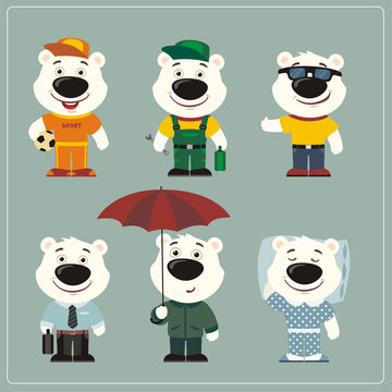 Set funny Polar Bear in different clothing: sportsman, worker, manager, summer, autumn, sleepwear. Collection isolated polar bears in clothing in cartoon style.