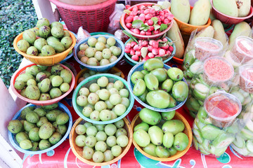 Variety of tropical fruit  on basket for sell at On Nut, Bangkok, Thailand - Top view