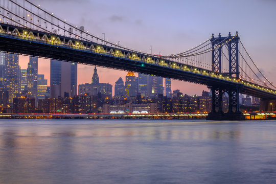Manhattan Bridge and Downtown Manhattan during sunset