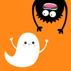 Happy Halloween card. Flying ghost spirit. Monster head silhouette. Eyes, hands. Hanging upside down. Funny Cute cartoon baby character. Flat design. Orange background.