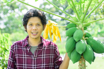 Asian young farmer standing with papaya tree,organic farm in Thailand