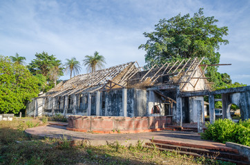 Ruins of once grand mansion or lodge on island Bubaque in Bijagos Archipelago of Guinea Bissau, West Africa