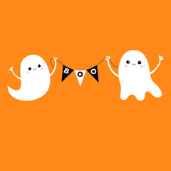 Flying ghost spirit holding bunting flag Boo. Two scary white ghosts. Cute cartoon spooky character. Smiling face, hands. Happy Halloween. Orange background. Greeting card. Flat design.