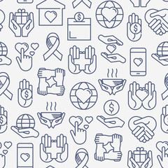 Charity and donation seamless pattern with thin line icons related to nonprofit organizations, fundraising, crowdfunding and charity project. Vector illustration for banner, print media.