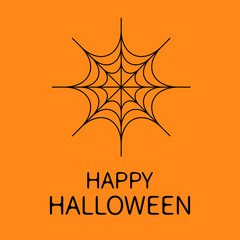 Obraz premium Happy Halloween card. Spider round web. Black cobweb . Decoration element. Flat design. Orange background.