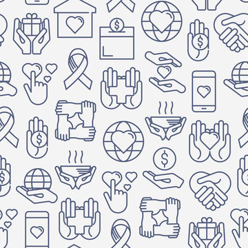 Charity And Donation Seamless Pattern With Thin Line Icons Related To Nonprofit Organizations, Fundraising, Crowdfunding And Charity Project. Vector Illustration For Banner, Print Media.