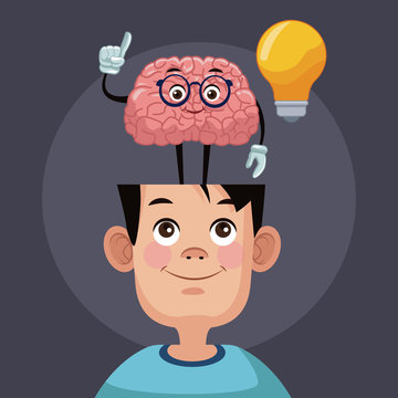 Cute brain cartoon in kid head icon vector illustration graphic design
