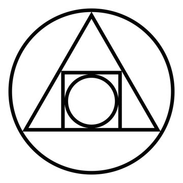 The Squared Circle. Alchemical glyph from seventeenth century. Symbol for the creation of the philosophers stone and the interplay of the four elements of matter. Black and white illustration. Vector.