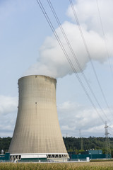 Cooling tower of nuclear power plant against the blue sky chimney landscape
