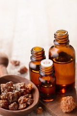 myrrh essential oil in the amber bottle